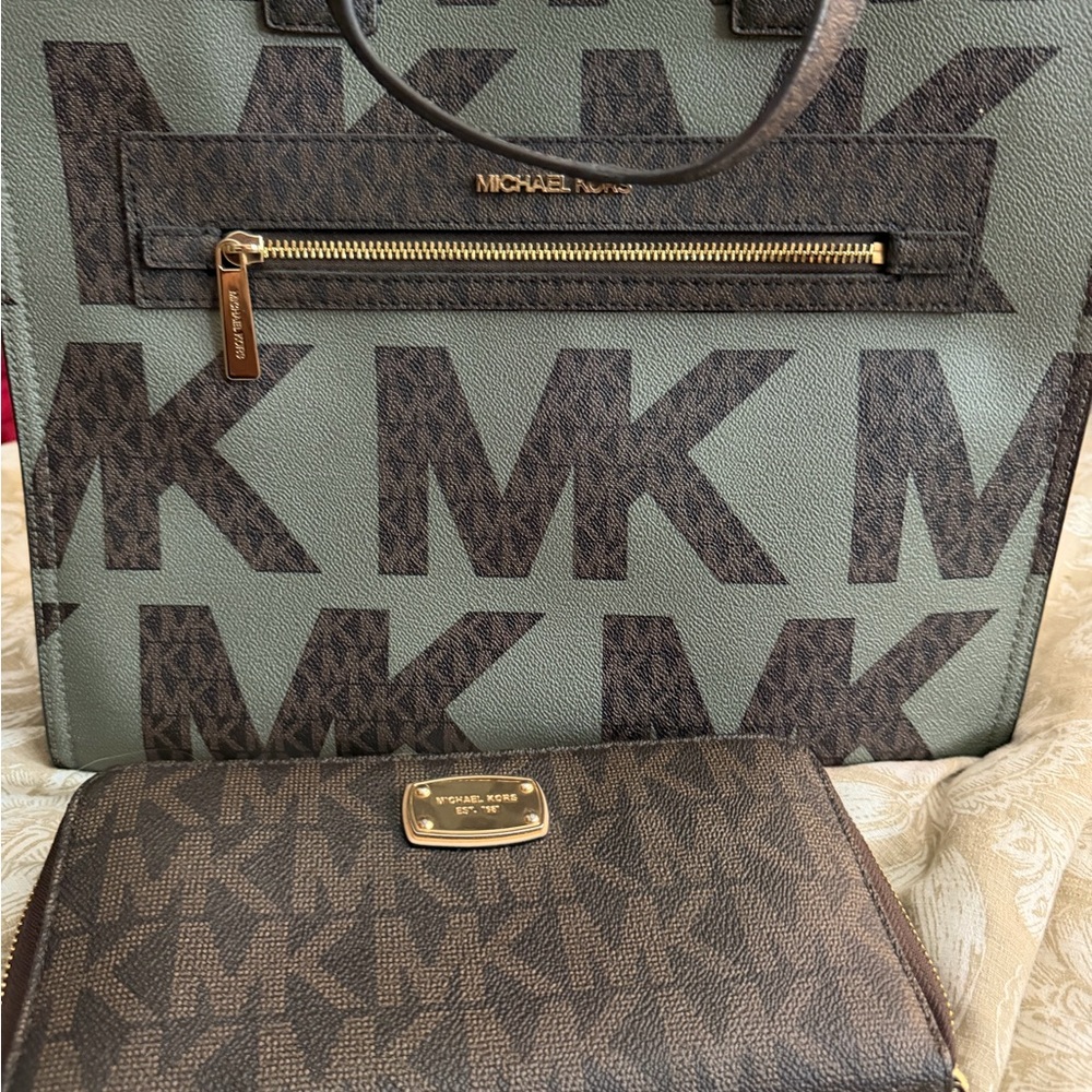 Michael Kors Green and Brown MK Logo Tote with Matching Wallet